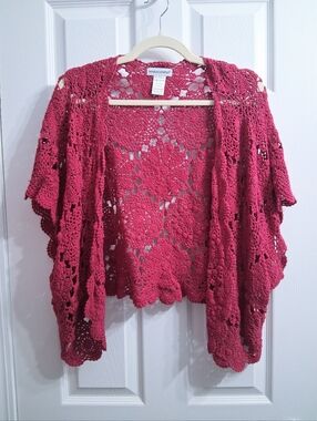 Vintage Jessica London Crochet Bolero Jacket Cropped Sweater Magenta Pink